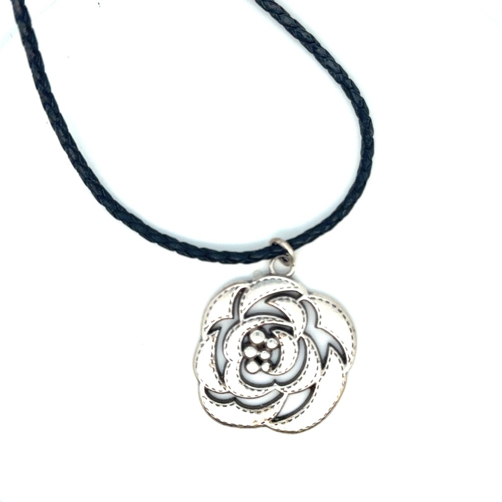 Brighton‎ Silver Flower Pendant on Black Braided Cord